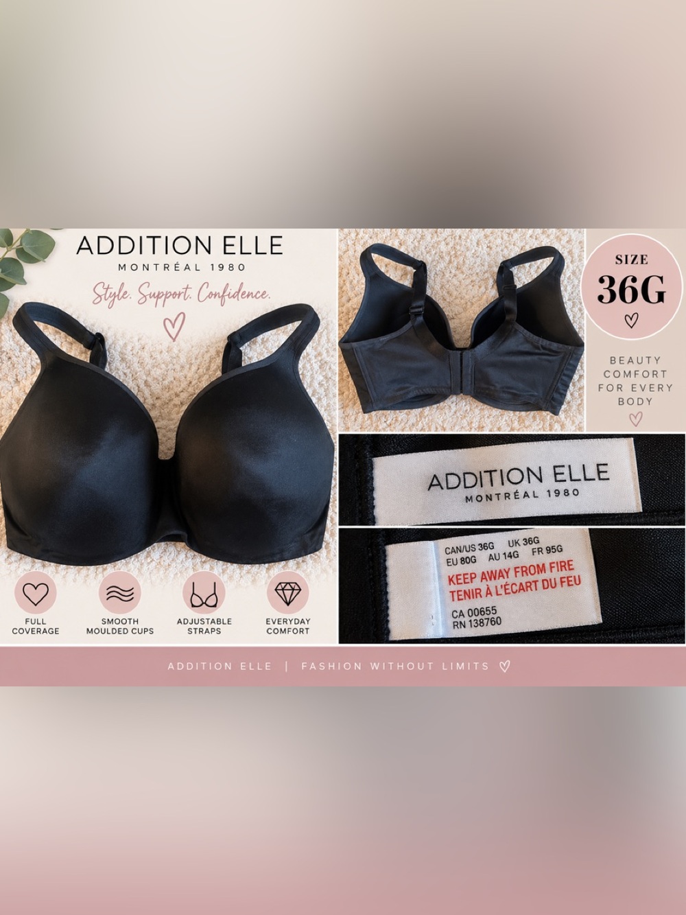 Addition Elle Black Smooth Full Coverage Bra with Adjustable Straps 36G